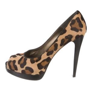 Stuart Weitzman Leopard Calf Hair Peep-Toe Pumps Tan Black